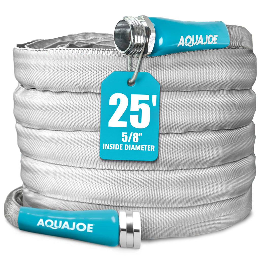 Coiled garden hose with Aquajoe branding and a 25-foot length tag on a white background.