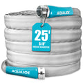 Coiled garden hose with Aquajoe branding and a 25-foot length tag on a white background.