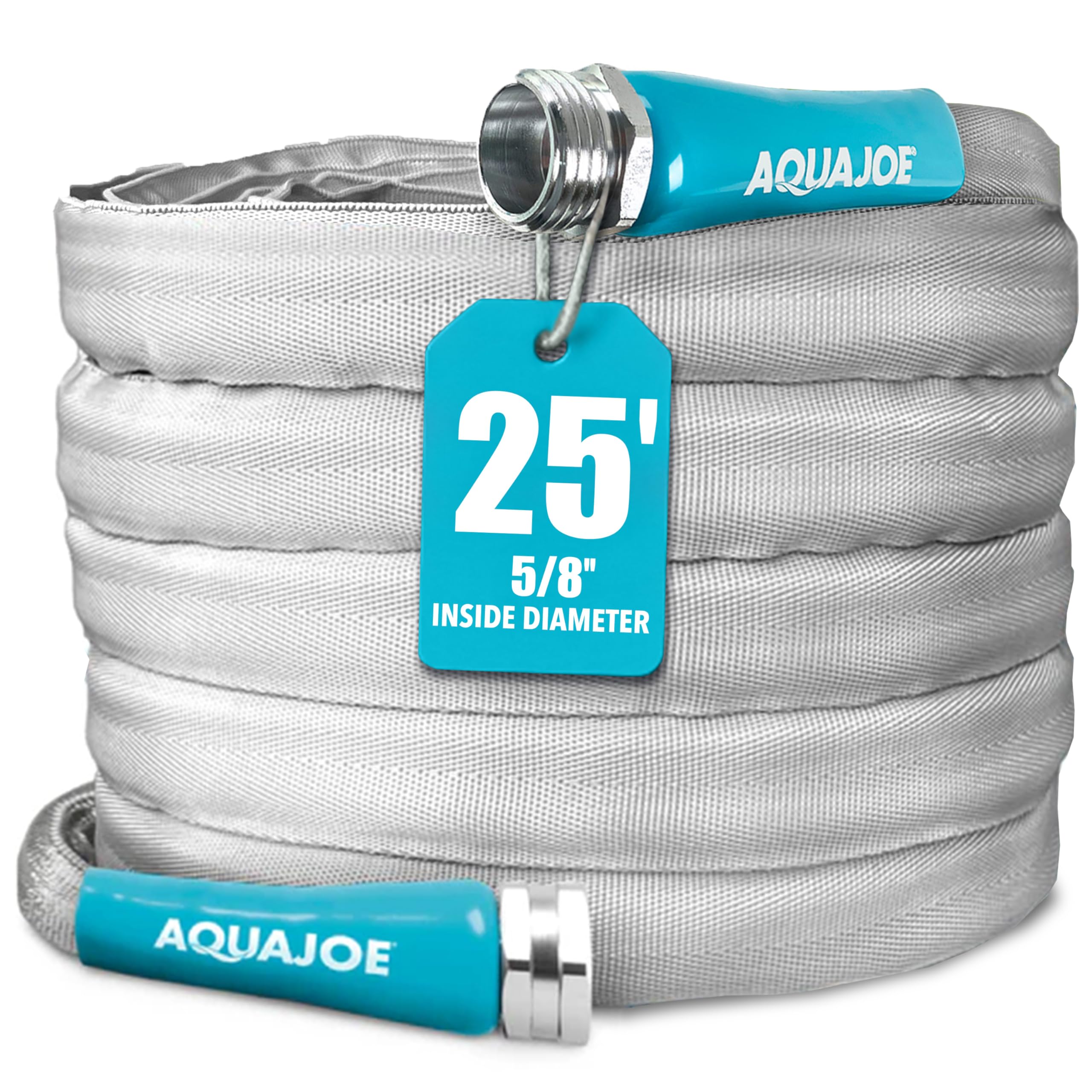 Coiled garden hose with Aquajoe branding and a 25-foot length tag on a white background.