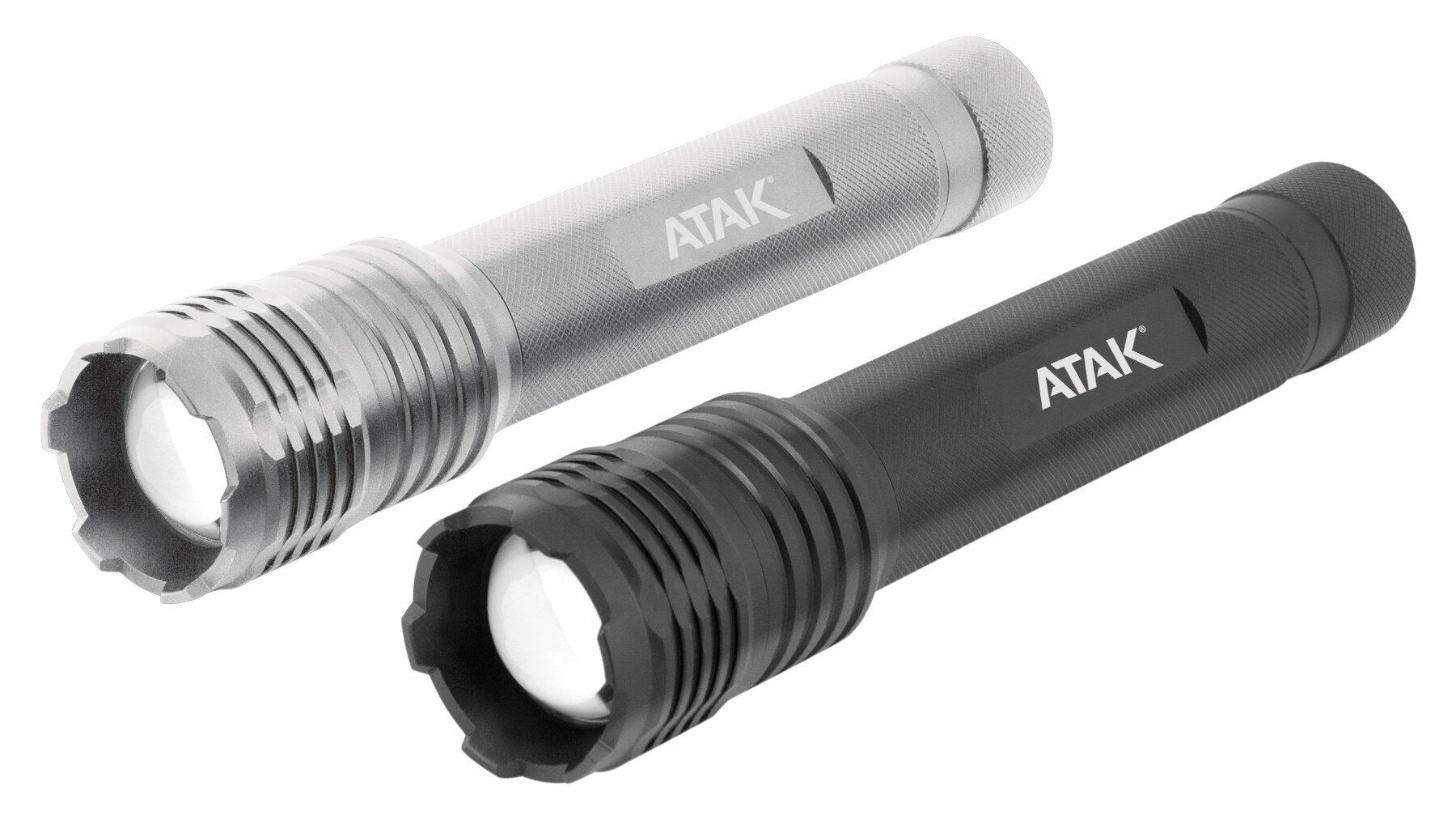 Two ATAK flashlights, one silver and one black, on a white background.
