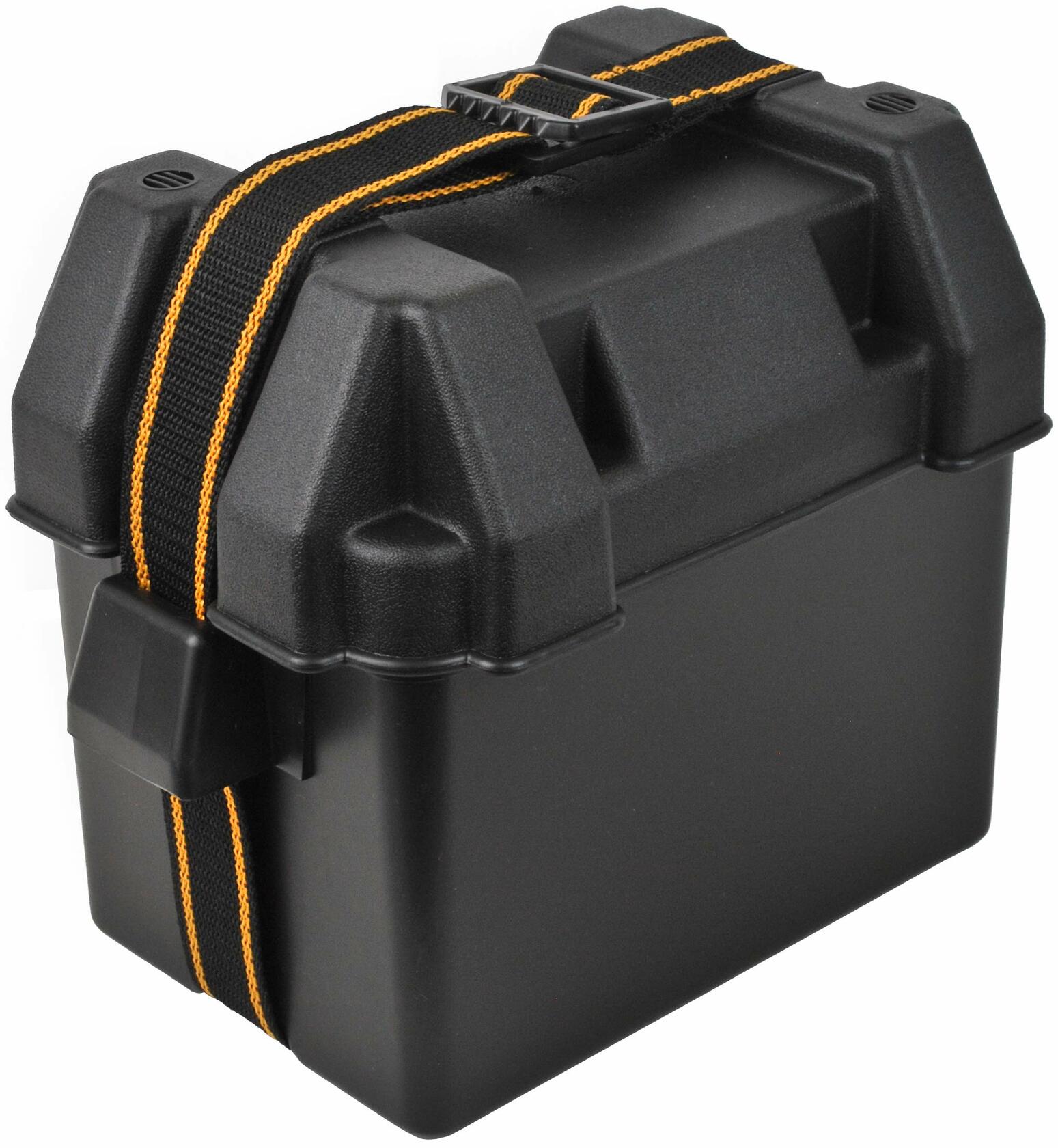 Attwood 9082-1 Small Battery Box with  Strap and a white background