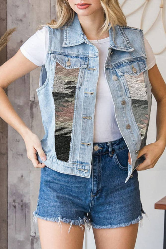 Aztec Print Patchwork Sleeveless Denim Jacket