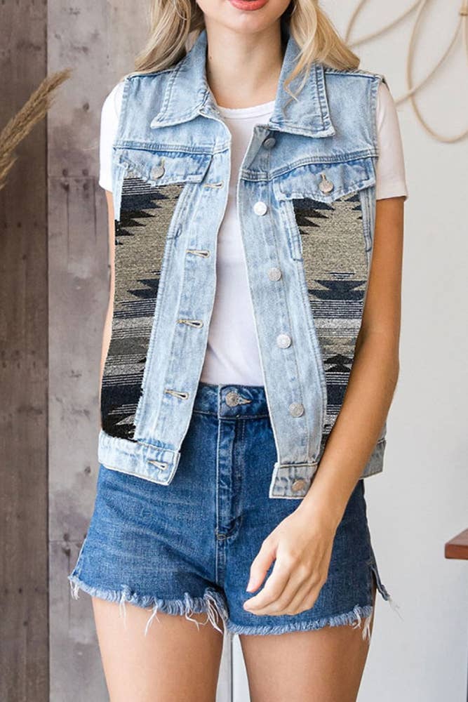 Aztec Print Patchwork Sleeveless Denim Jacket