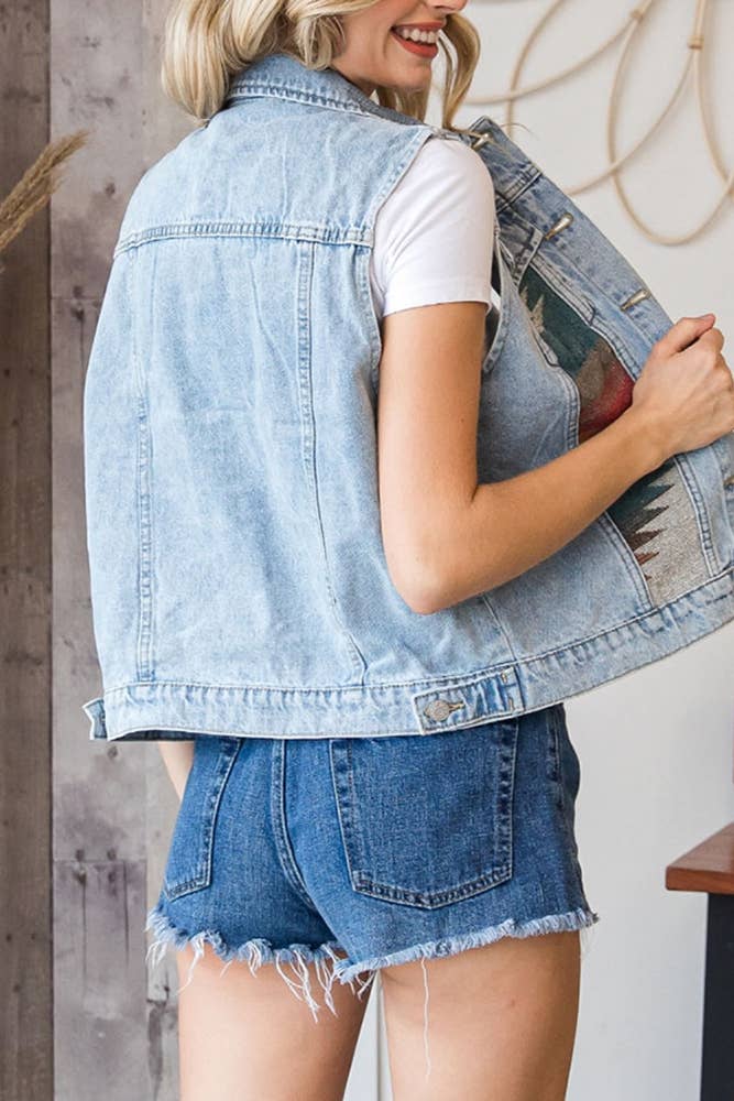 Aztec Print Patchwork Sleeveless Denim Jacket
