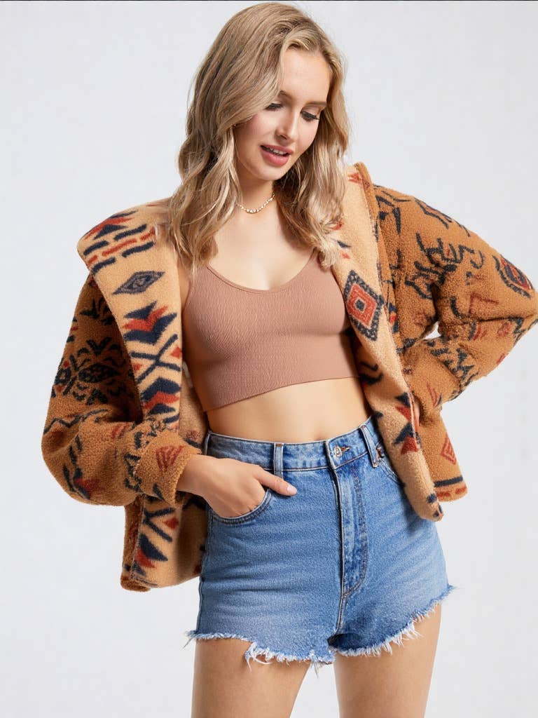 Aztec tribal print oversized hooded fleece jacket with side pockets and cozy western winter design