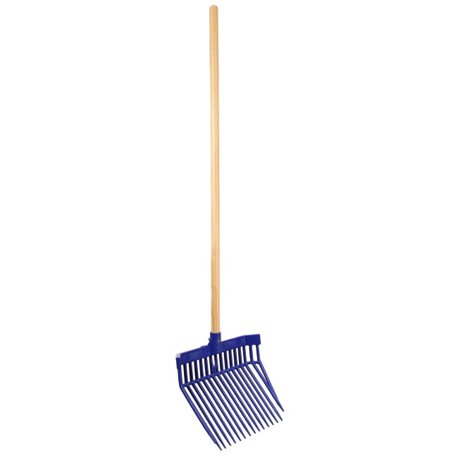 Blue leaf rake with wooden handle on a white background