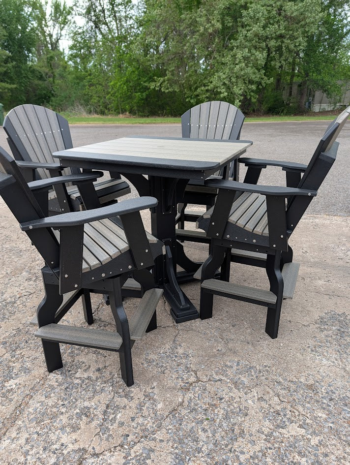 Bar height Outdoor table and 4 swivel patio chairs. 