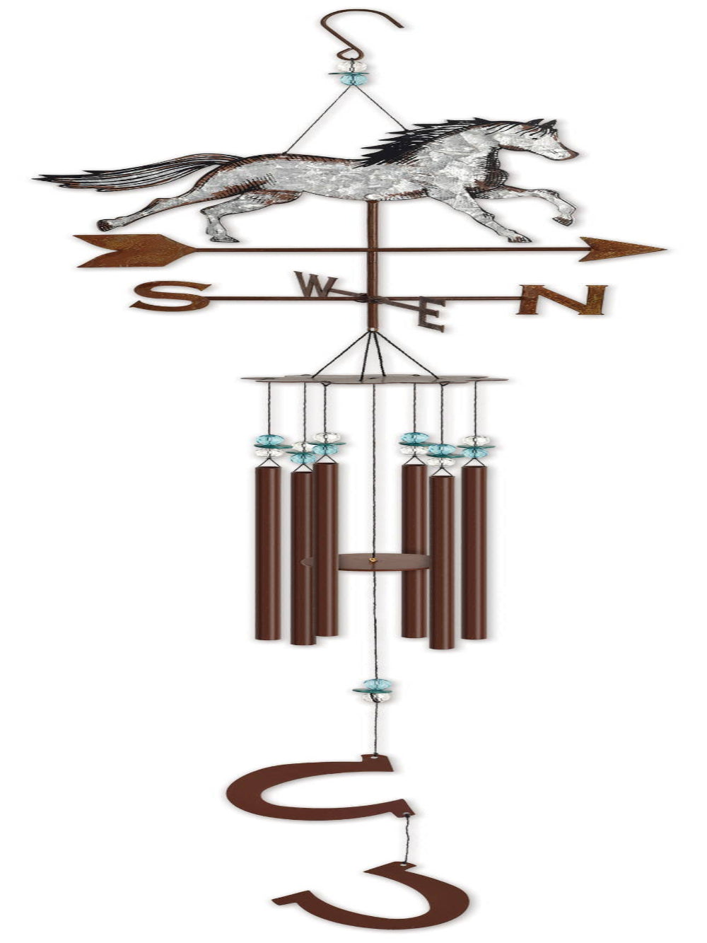 Rustic western wind chime featuring a galloping horse silhouette and metal chimes