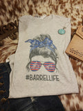 Gray t-shirt with '#BARRELLIFE' graphic on a textured surface