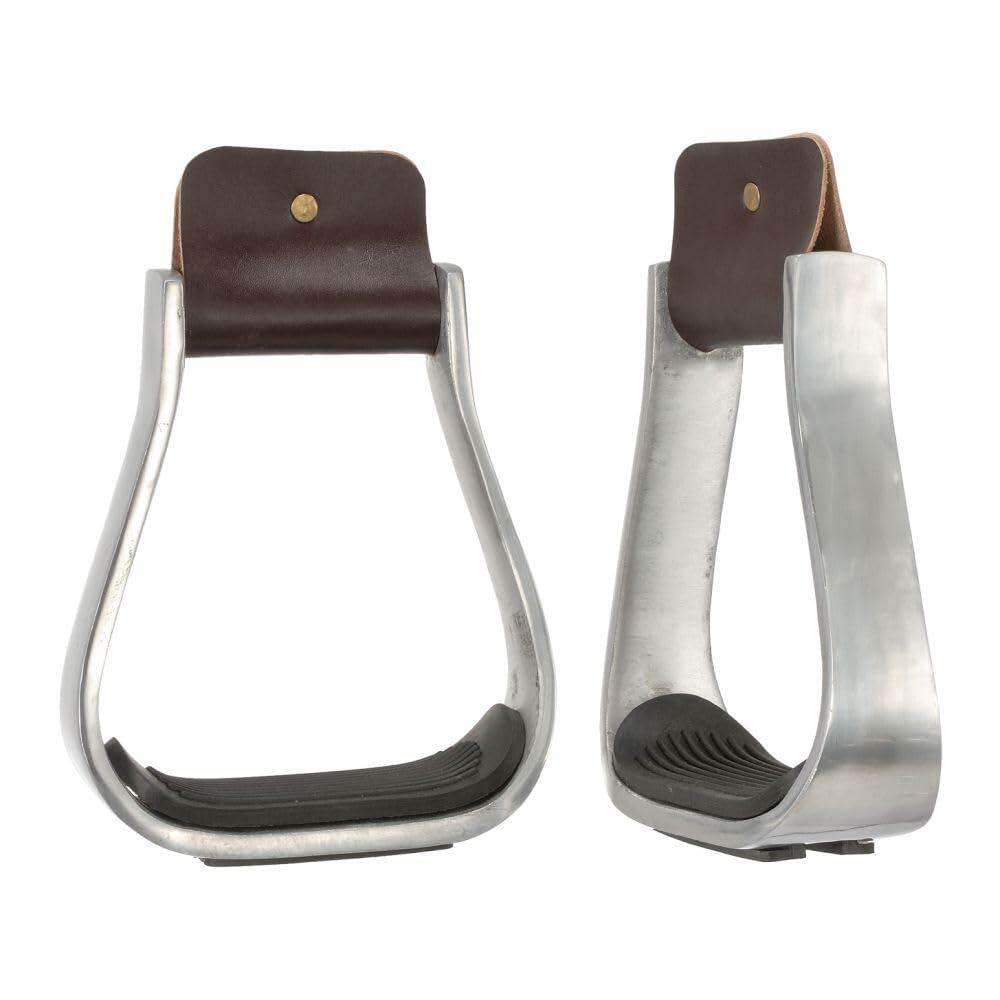 Pair of metal horse stirrups with leather straps on a white background