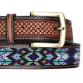 Brown leather belt with a gold buckle and colorful beaded pattern.