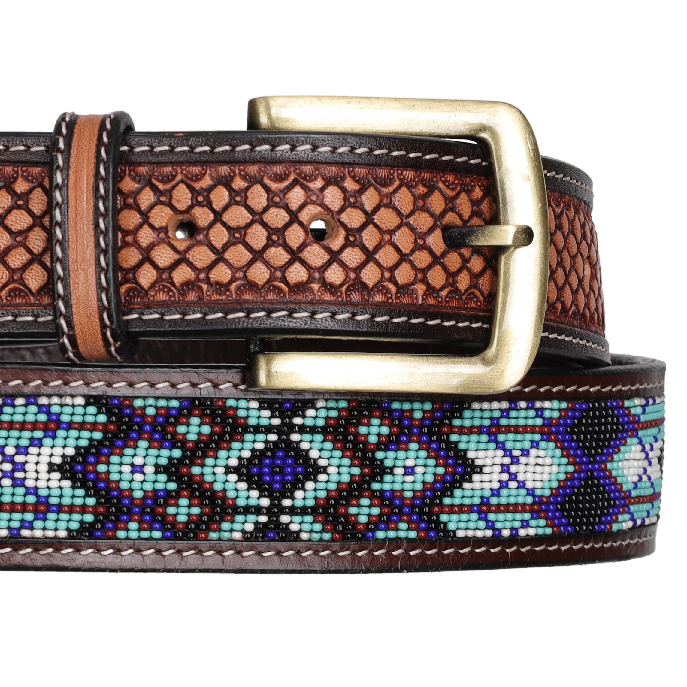 Brown leather belt with a gold buckle and colorful beaded pattern.
