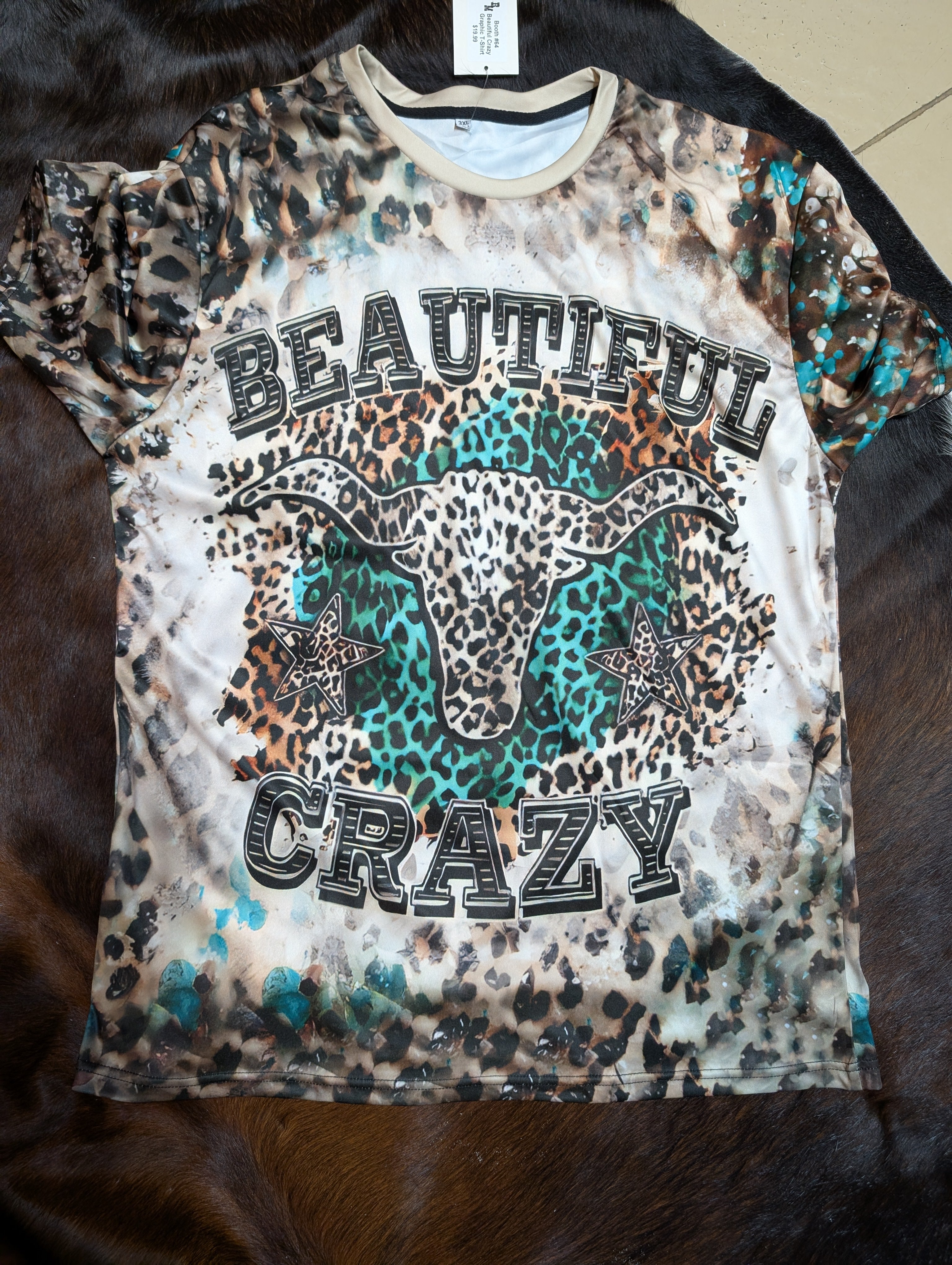 Beautiful and Crazy polyester graphic tee with leopard print and steer head design