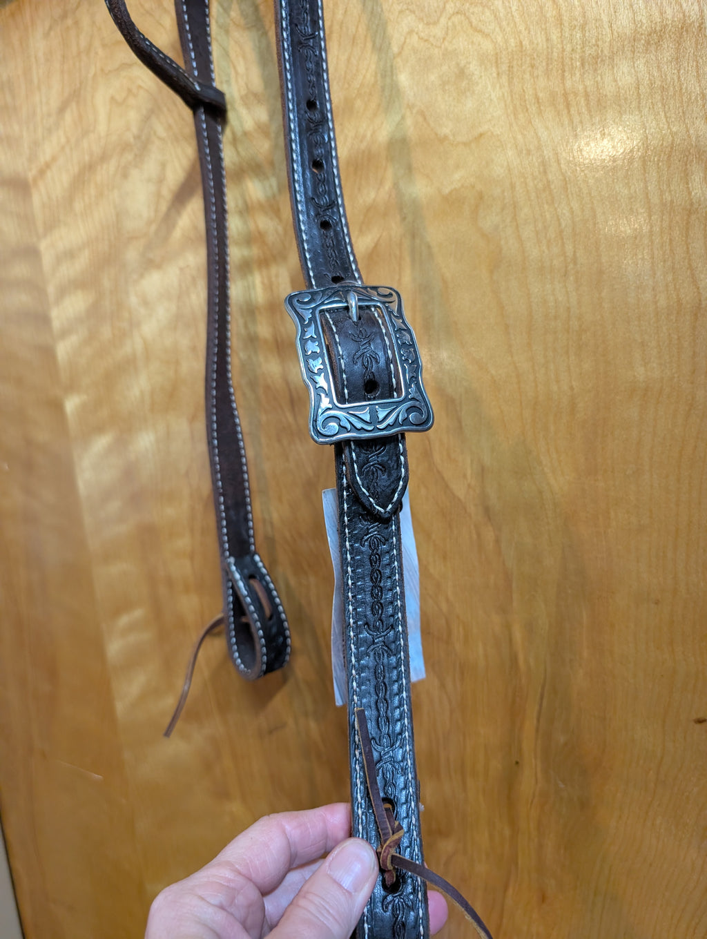 Belt style One ear headstall square buckle barbed wire tooling