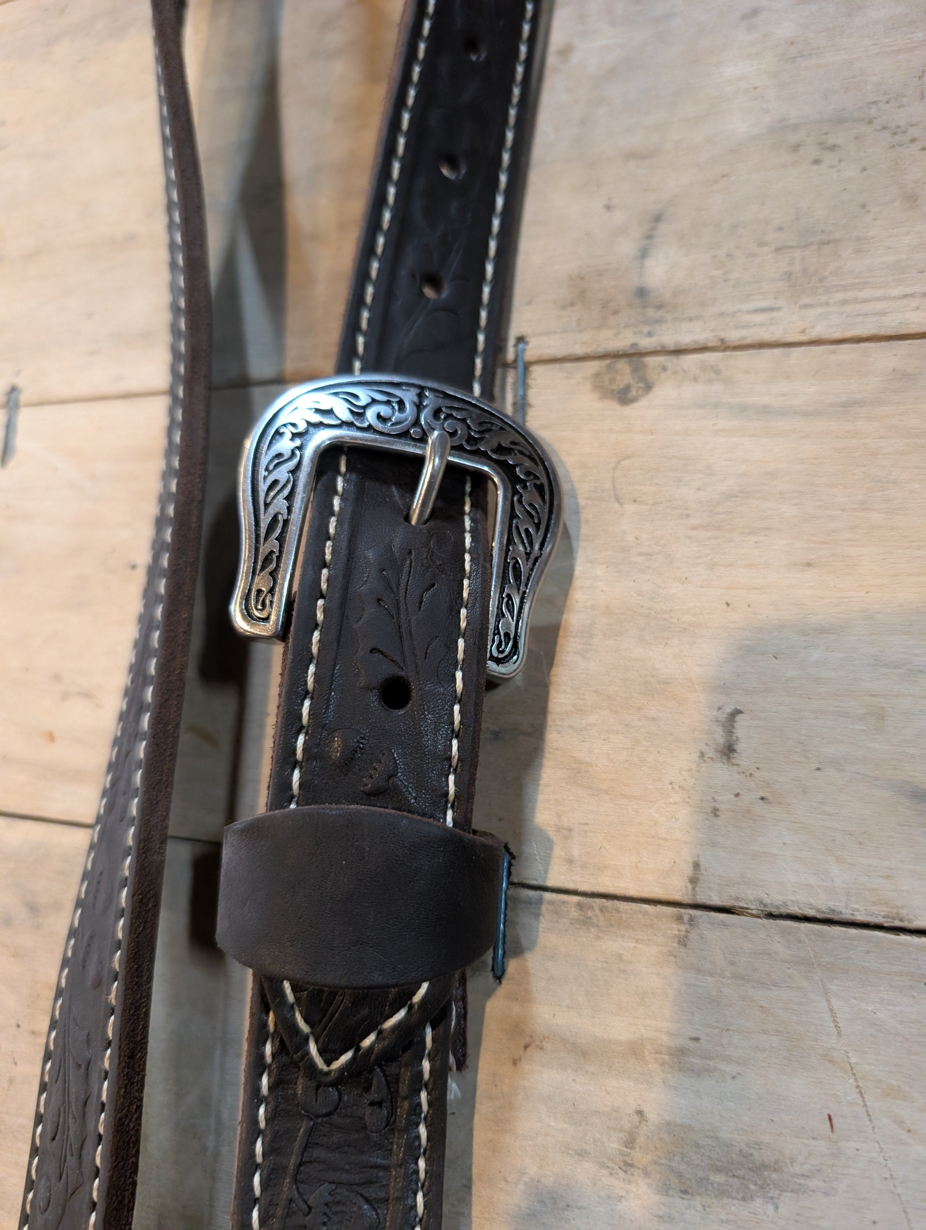 Belt style One ear headstall rounded  buckle floral tooling