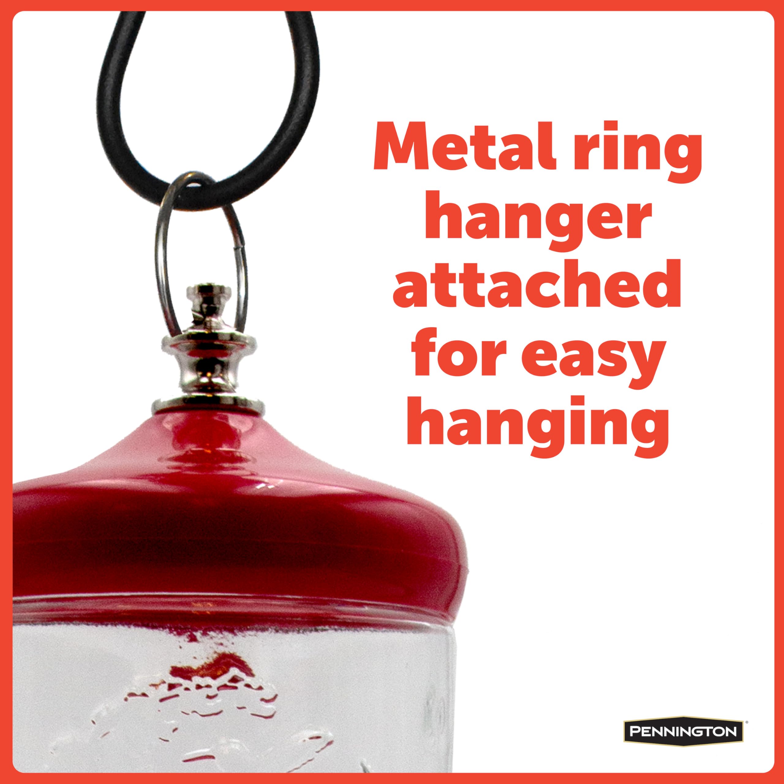 Red container with a metal ring hanger and text indicating easy hanging.