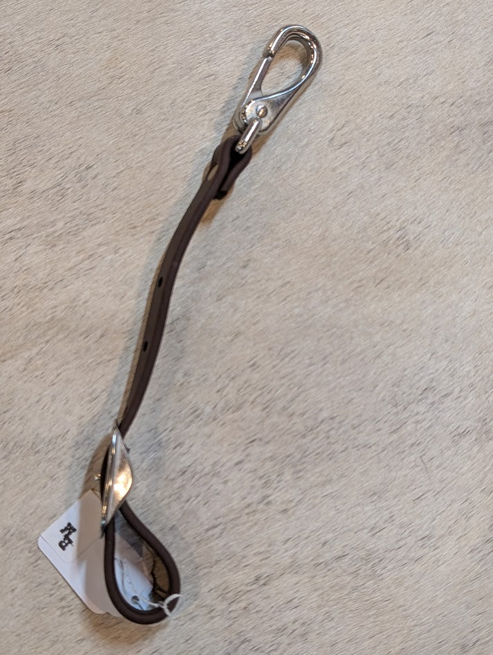 Biothane Brown Girth Connector Strap with a snap on a white surface