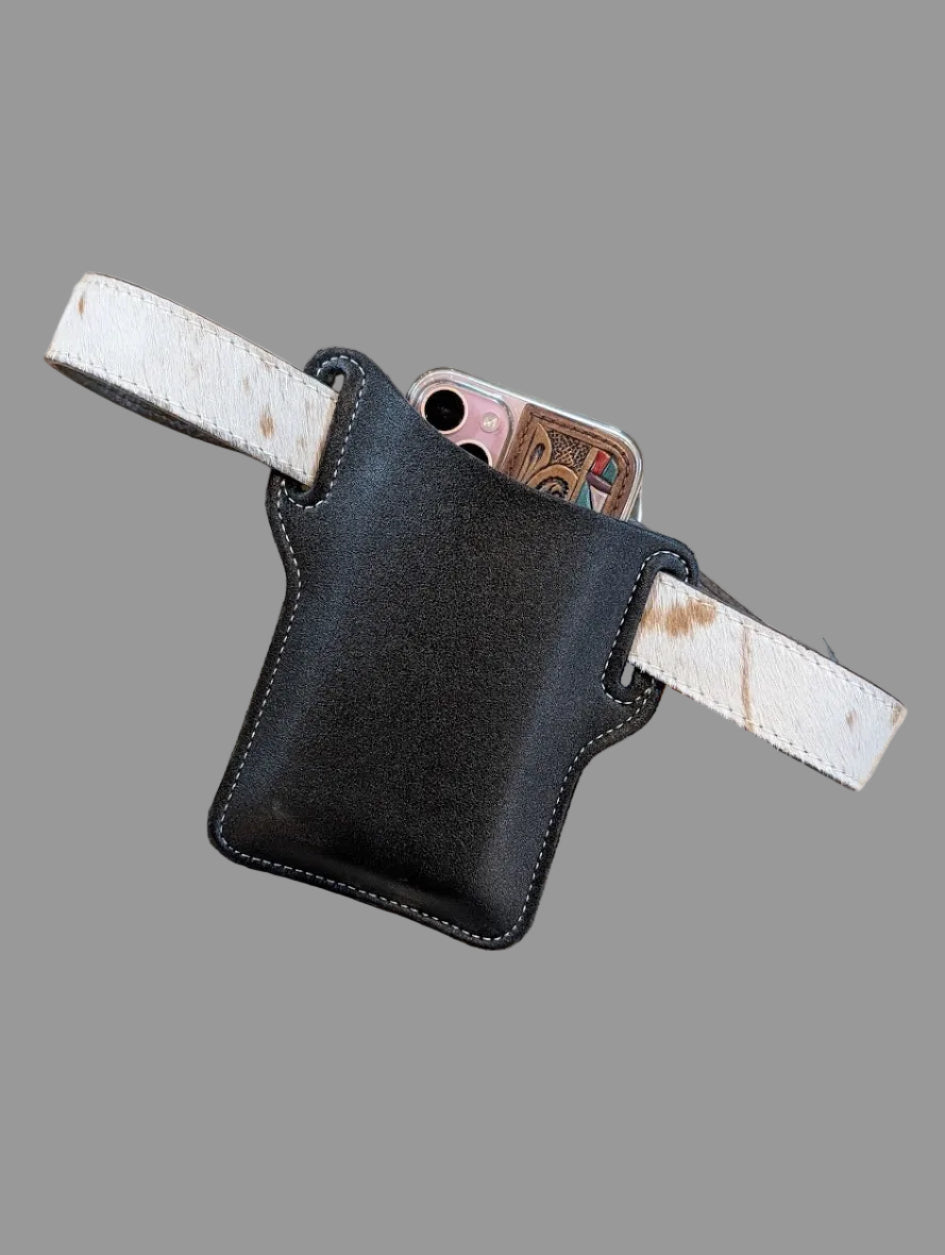 Black cell phone holder on a belt with a phone in the holster. 