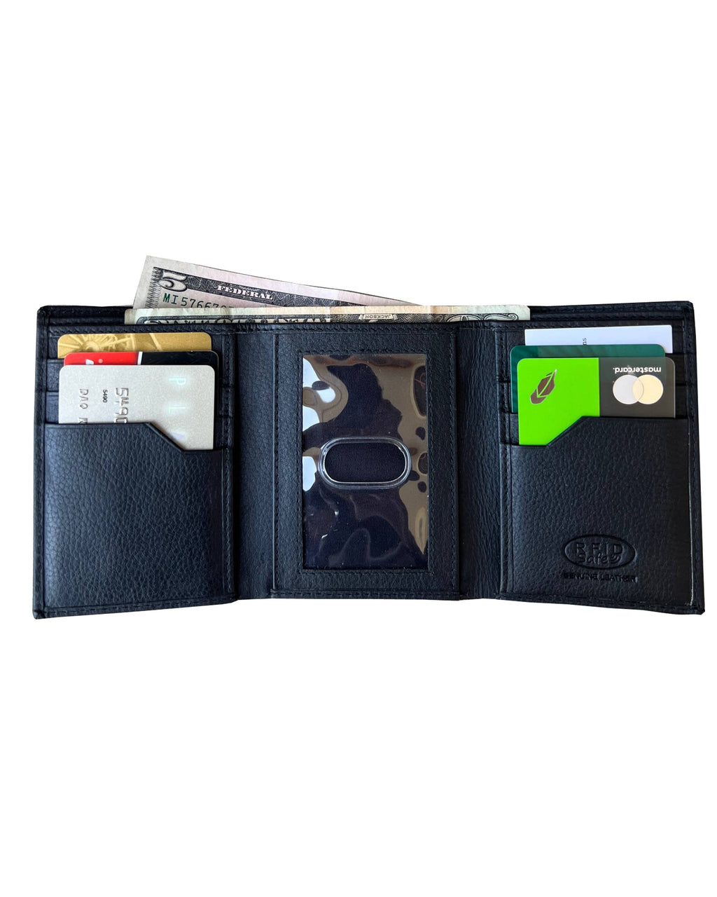 Black leather tri-fold wallet open to show cards and money on a white background