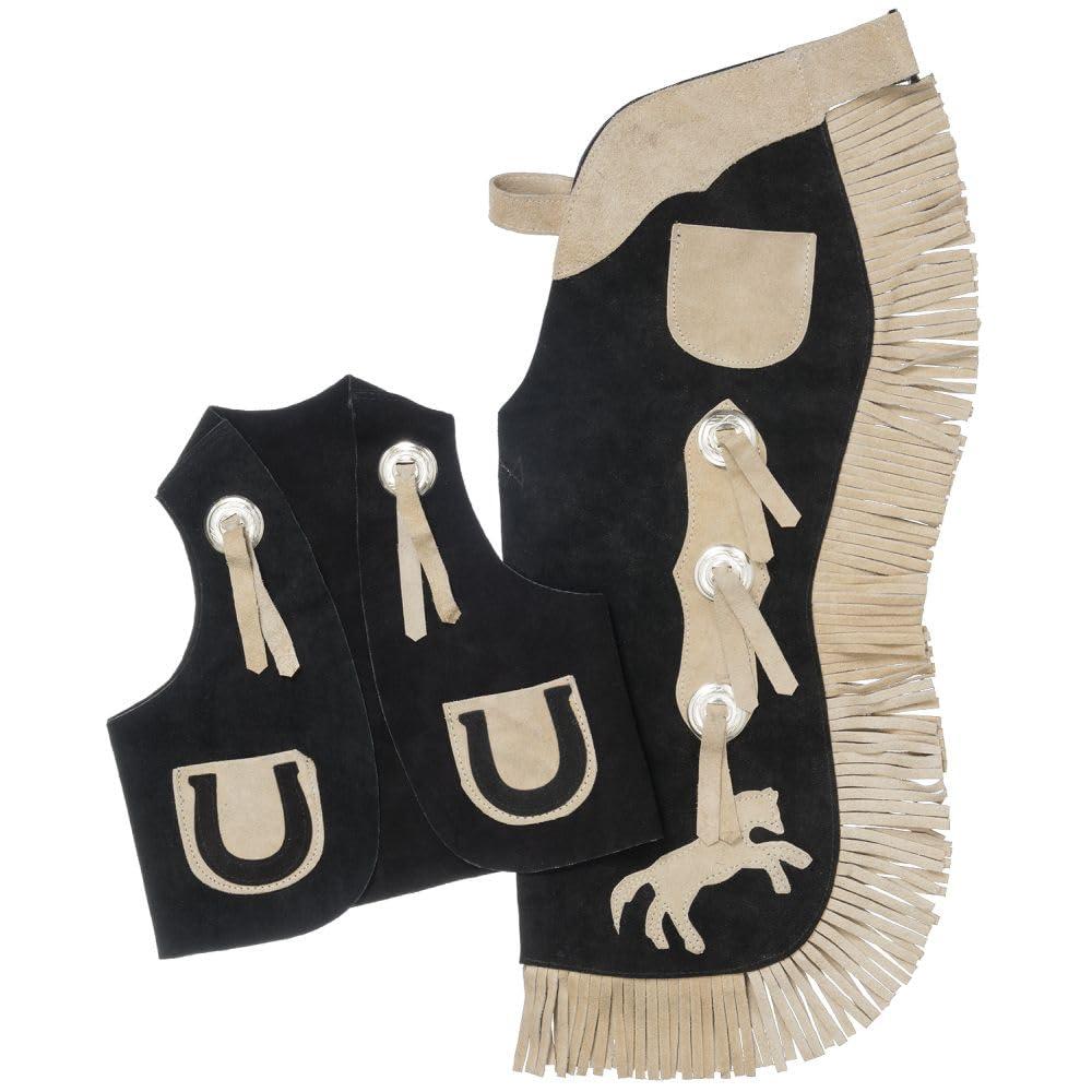 Black and beige equestrian leg wraps with fringe on a white background