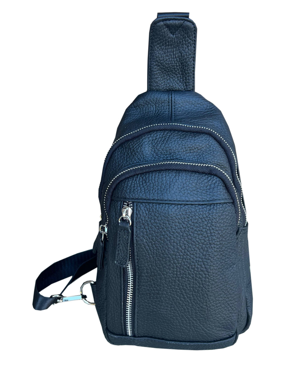 Blue leather sling bag on a white background