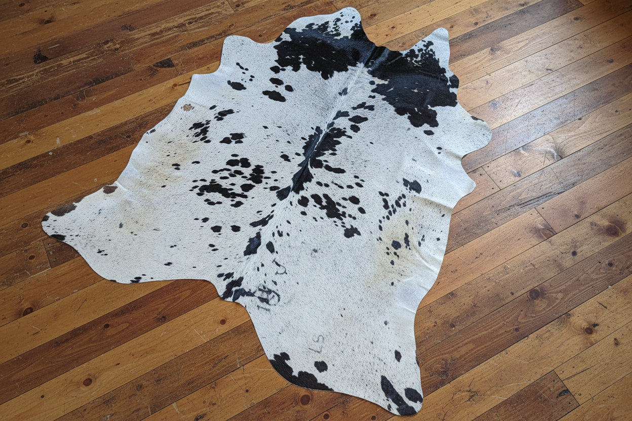 Black and white speckled cowhide rug on a rustic wood floor