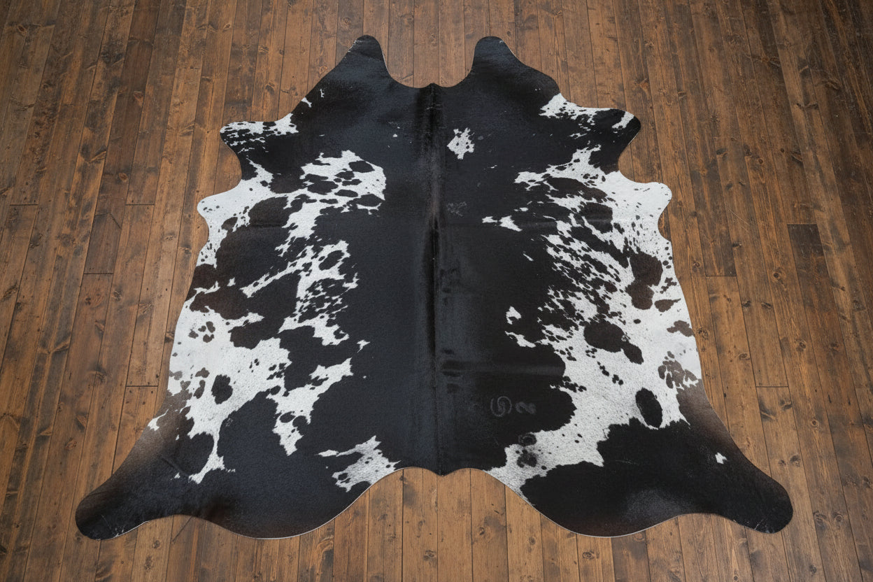 Black and white cowhide rug on a rustic wood floor