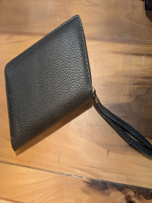Black faux leather wristlet wallet with zipper and wrist strap on clearance