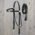 Black leather Western headstall with brass quick change buckles and matching reins