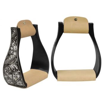 Pair of ornate equestrian stirrups on a white background