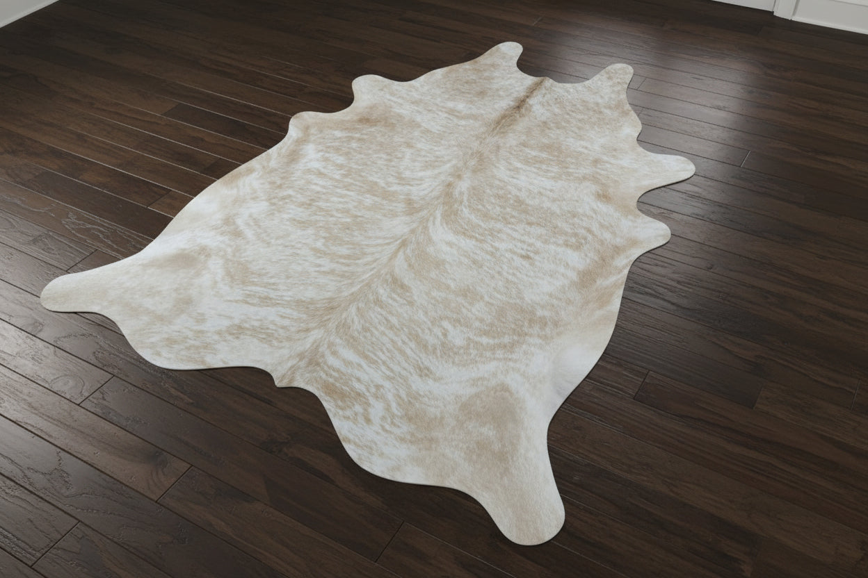 Blonde Brindle cowhide rug on a dark wood floor