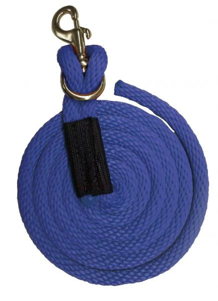 Blue rope leash with a gold clasp and black clip on a white background