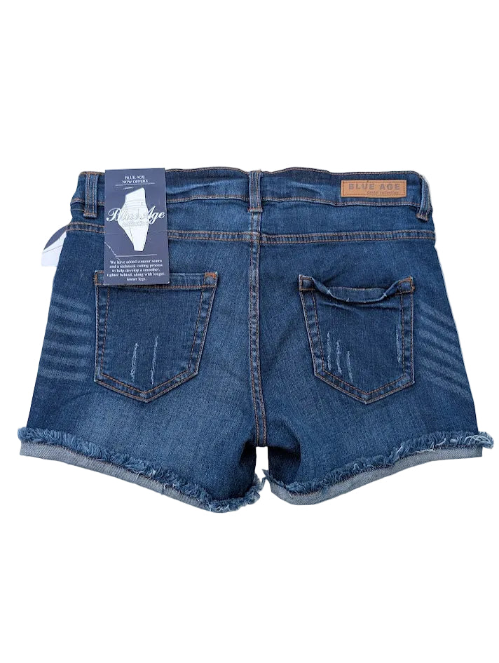 Blue denim shorts with a brand tag on a white background