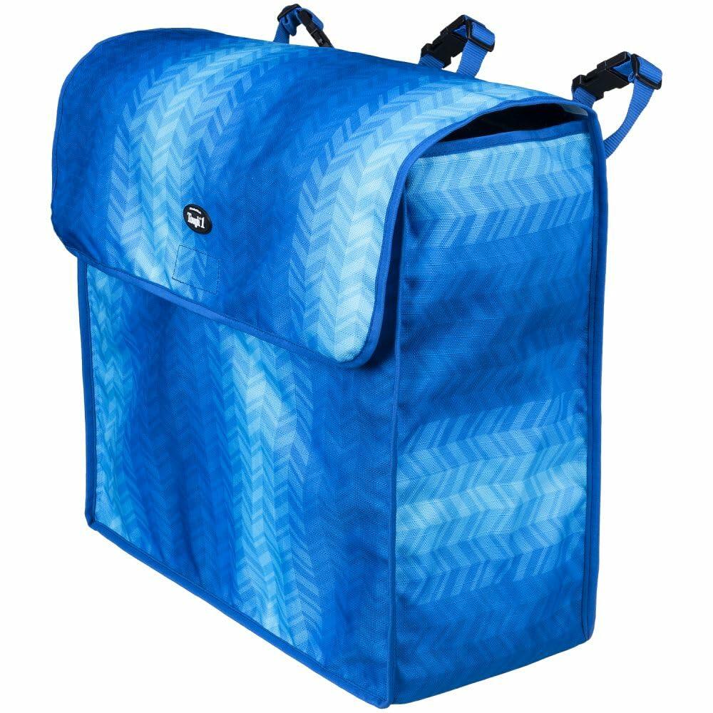 heavy cordura bag has three adjustable loops with snap closure to securely attach bag to stall front, trailer or tack room. Large opening with "quick grip" closure at top allows you to easily place winter blankets, sheets, coolers, sport boots, fly masks or any other items belonging to your horse you want to keep organized and out of the way.