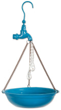 Blue hanging bird feeder with chains on a white background