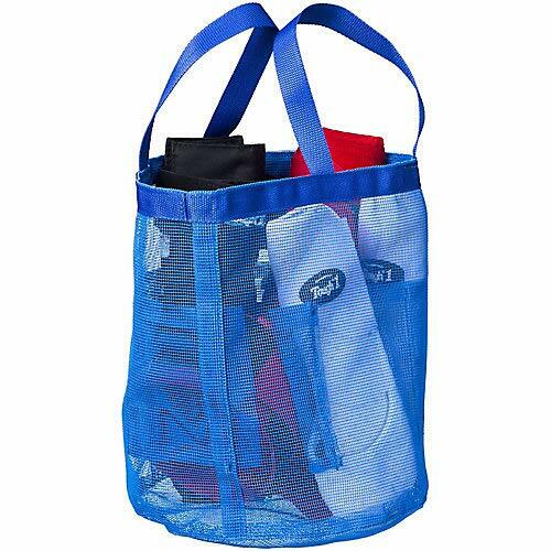 Tough 1 blue mesh wash tote with seven interior pockets and dual carry straps – ideal for grooming tools and horse gear