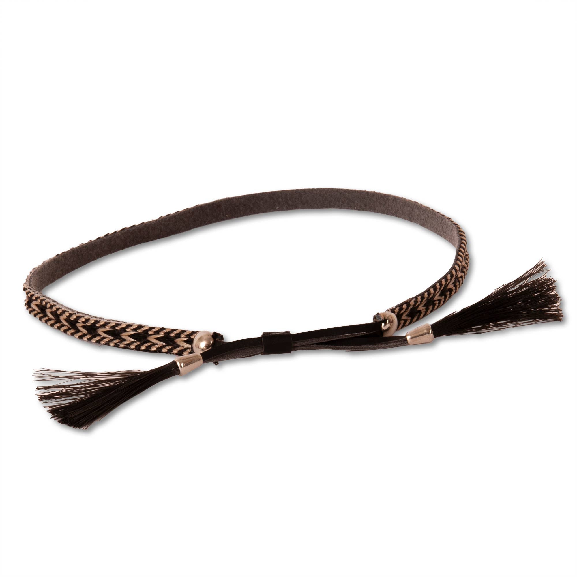 Braided leather hat band with horsehair tassels on a white background