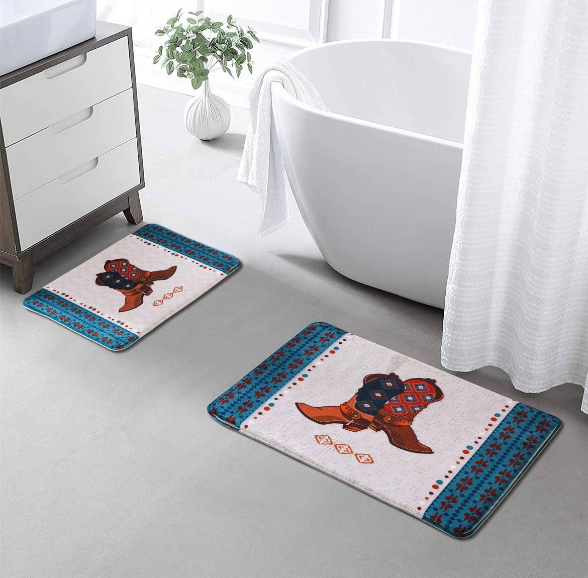 Western boots memory foam mat set with rustic print in bathroom setting