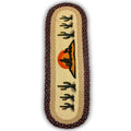 A braided jute table runner featuring a cactus design, with a red sun and black silhouette of a cactus on a beige background.