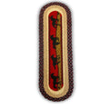 A braided jute table runner featuring a central red stripe with horse patterns, bordered by beige and brown braided sections.