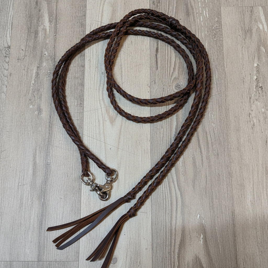 Braided split leather reins up-close