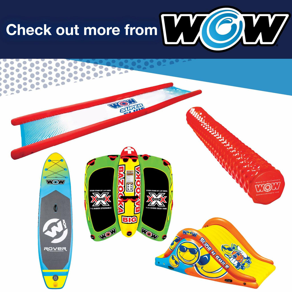 Colorful outdoor toys with WOW branding on a white and blue for tow rope to be used for 