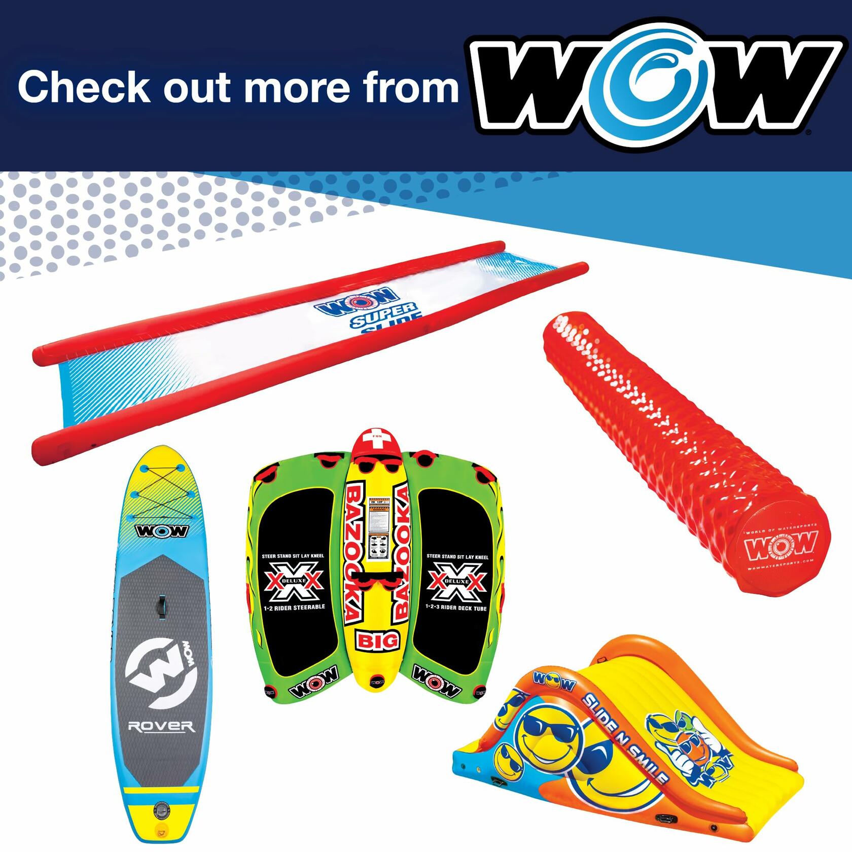 Colorful outdoor toys with WOW branding on a white and blue for tow rope to be used for 