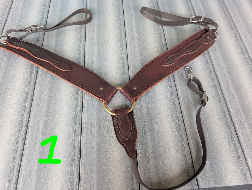 Brown leather horse breastcollar metal hardware 