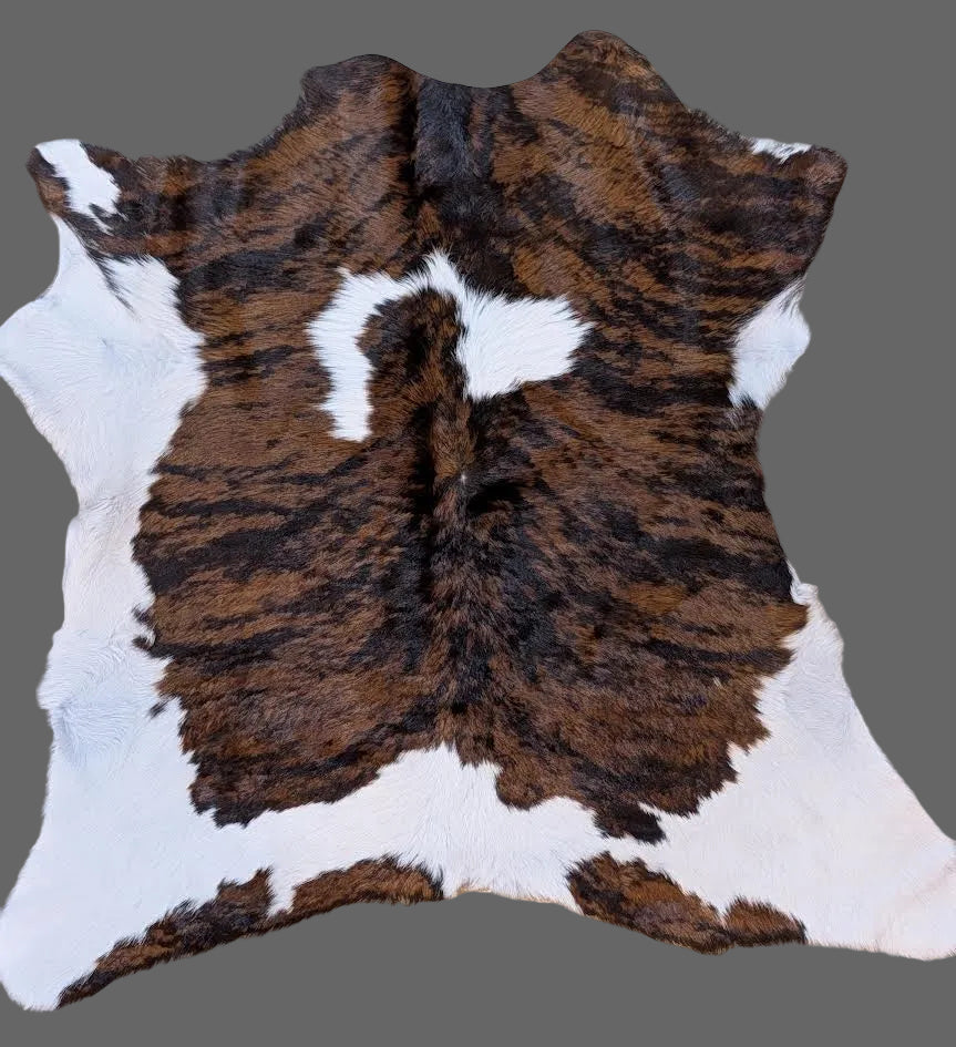 Brindle and white calf hide rug on a gray floor.