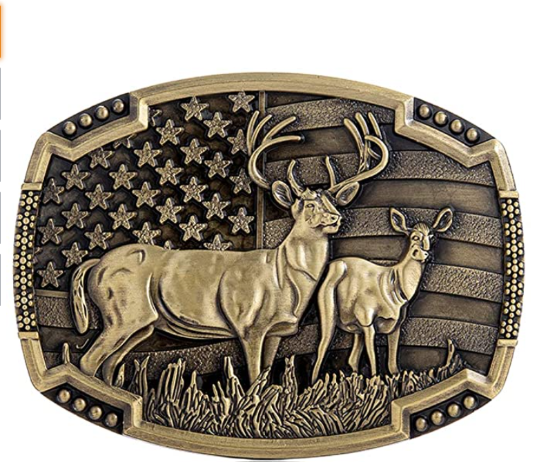 Bronze belt buckle with deer design and American flag background