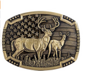 Bronze belt buckle with deer design and American flag background