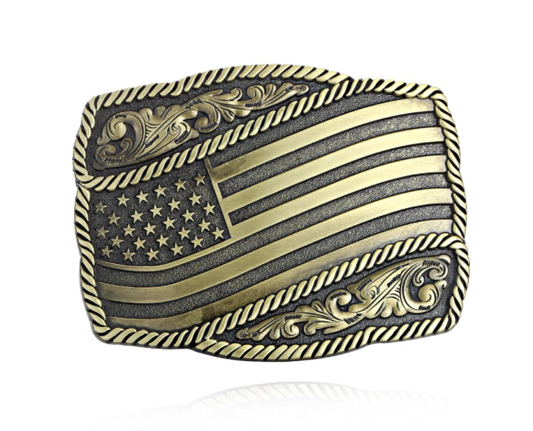 Bronze Belt buckle with American flag design on a white background