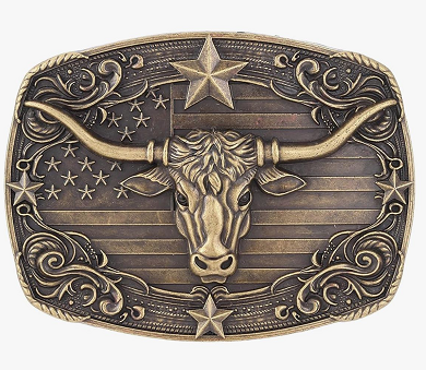 Bronze belt buckle with longhorn bull design and American flag pattern