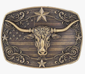 Bronze belt buckle with longhorn bull design and American flag pattern